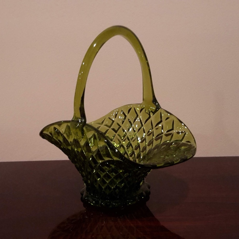 Vintage Fenton Green Art Glass Basket
